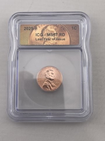 2025 ICG MS67 Last Year of Issue Penny Coin: KEY WORDS: INDIAN ARTIFACT ARTIFACTS ARROWHEAD ARROWHEADS NATIVE AMERICAN MISSISSIPPIAN QUAPAW CADDO POTTERY COINS MORGAN DOLLAR PEACE DOLLAR SILVER COINS. All coins have been Sigma tested for authent