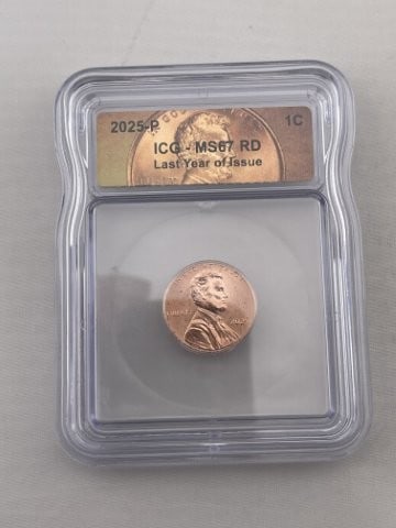2025 ICG MS67 Last Year of Issue Penny Coin: KEY WORDS: INDIAN ARTIFACT ARTIFACTS ARROWHEAD ARROWHEADS NATIVE AMERICAN MISSISSIPPIAN QUAPAW CADDO POTTERY COINS MORGAN DOLLAR PEACE DOLLAR SILVER COINS. All coins have been Sigma tested for authent