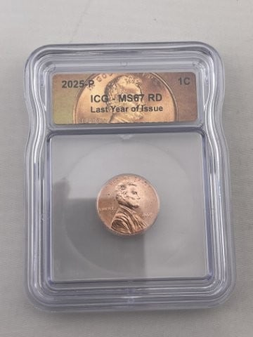 2025 ICG MS67 Last Year of Issue Penny Coin: KEY WORDS: INDIAN ARTIFACT ARTIFACTS ARROWHEAD ARROWHEADS NATIVE AMERICAN MISSISSIPPIAN QUAPAW CADDO POTTERY COINS MORGAN DOLLAR PEACE DOLLAR SILVER COINS. All coins have been Sigma tested for authent