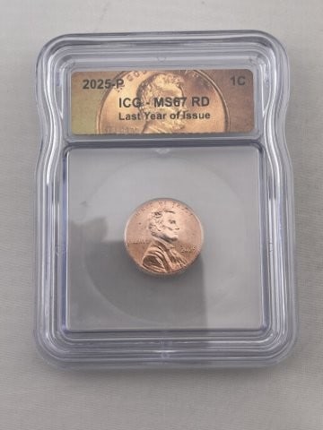 2025 ICG MS67 Last Year of Issue Penny Coin: KEY WORDS: INDIAN ARTIFACT ARTIFACTS ARROWHEAD ARROWHEADS NATIVE AMERICAN MISSISSIPPIAN QUAPAW CADDO POTTERY COINS MORGAN DOLLAR PEACE DOLLAR SILVER COINS. All coins have been Sigma tested for authent