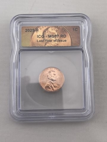 2025 ICG MS67 Last Year of Issue Penny Coin: KEY WORDS: INDIAN ARTIFACT ARTIFACTS ARROWHEAD ARROWHEADS NATIVE AMERICAN MISSISSIPPIAN QUAPAW CADDO POTTERY COINS MORGAN DOLLAR PEACE DOLLAR SILVER COINS. All coins have been Sigma tested for authent