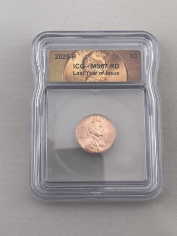 2025 ICG MS67 Last Year of Issue Penny Coin: KEY WORDS: INDIAN ARTIFACT ARTIFACTS ARROWHEAD ARROWHEADS NATIVE AMERICAN MISSISSIPPIAN QUAPAW CADDO POTTERY COINS MORGAN DOLLAR PEACE DOLLAR SILVER COINS. All coins have been Sigma tested for authent