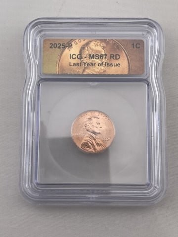 2025 ICG MS67 Last Year of Issue Penny Coin: KEY WORDS: INDIAN ARTIFACT ARTIFACTS ARROWHEAD ARROWHEADS NATIVE AMERICAN MISSISSIPPIAN QUAPAW CADDO POTTERY COINS MORGAN DOLLAR PEACE DOLLAR SILVER COINS. All coins have been Sigma tested for authent
