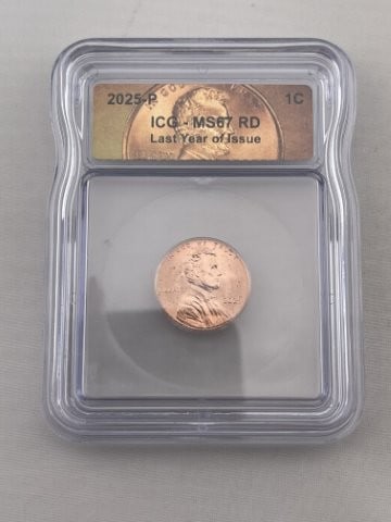 2025 ICG MS67 Last Year of Issue Penny Coin: KEY WORDS: INDIAN ARTIFACT ARTIFACTS ARROWHEAD ARROWHEADS NATIVE AMERICAN MISSISSIPPIAN QUAPAW CADDO POTTERY COINS MORGAN DOLLAR PEACE DOLLAR SILVER COINS. All coins have been Sigma tested for authent
