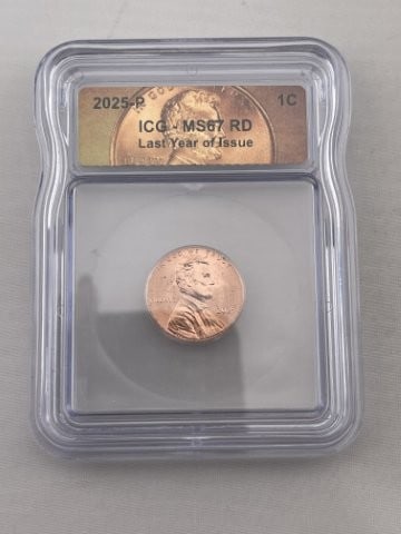 2025 ICG MS67 Last Year of Issue Penny Coin: KEY WORDS: INDIAN ARTIFACT ARTIFACTS ARROWHEAD ARROWHEADS NATIVE AMERICAN MISSISSIPPIAN QUAPAW CADDO POTTERY COINS MORGAN DOLLAR PEACE DOLLAR SILVER COINS. All coins have been Sigma tested for authent