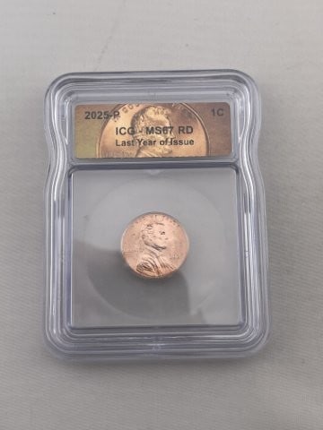2025 ICG MS67 Last Year of Issue Penny Coin: KEY WORDS: INDIAN ARTIFACT ARTIFACTS ARROWHEAD ARROWHEADS NATIVE AMERICAN MISSISSIPPIAN QUAPAW CADDO POTTERY COINS MORGAN DOLLAR PEACE DOLLAR SILVER COINS. All coins have been Sigma tested for authent