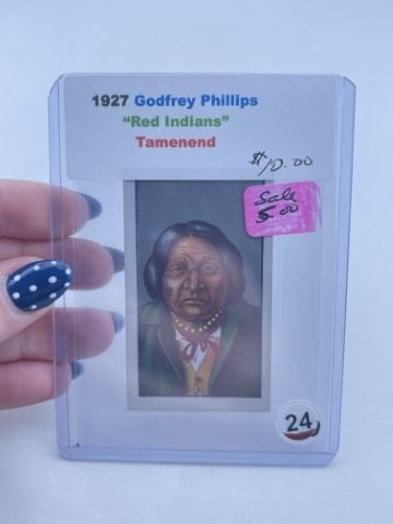 1927 Godfrey Phillips Red Indians Tamenend: KEY WORDS: INDIAN ARTIFACT ARTIFACTS ARROWHEAD ARROWHEADS NATIVE AMERICAN MISSISSIPPIAN QUAPAW CADDO POTTERY COINS MORGAN DOLLAR PEACE DOLLAR SILVER COINS. All coins have been Sigma tested for