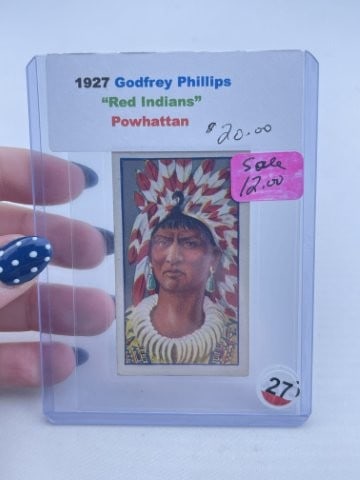 1927 Godfrey Phillips Red Indians Powhattan: KEY WORDS: INDIAN ARTIFACT ARTIFACTS ARROWHEAD ARROWHEADS NATIVE AMERICAN MISSISSIPPIAN QUAPAW CADDO POTTERY COINS MORGAN DOLLAR PEACE DOLLAR SILVER COINS. All coins have been Sigma tested for