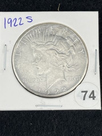 1922 S Peace Silver Dollar Coin: KEY WORDS: INDIAN ARTIFACT ARTIFACTS ARROWHEAD ARROWHEADS NATIVE AMERICAN MISSISSIPPIAN QUAPAW CADDO POTTERY COINS MORGAN DOLLAR PEACE DOLLAR SILVER COINS. All coins have been Sigma tested for