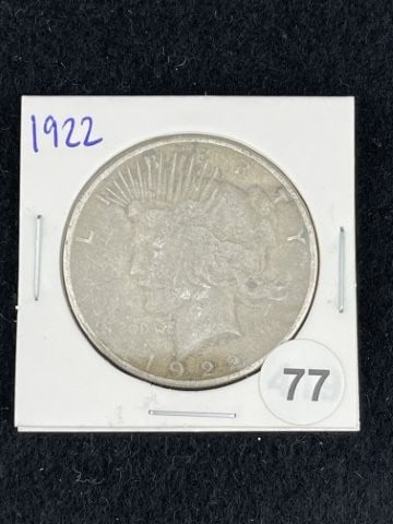 1922 Peace Silver Dollar Coin: KEY WORDS: INDIAN ARTIFACT ARTIFACTS ARROWHEAD ARROWHEADS NATIVE AMERICAN MISSISSIPPIAN QUAPAW CADDO POTTERY COINS MORGAN DOLLAR PEACE DOLLAR SILVER COINS. All coins have been Sigma tested for