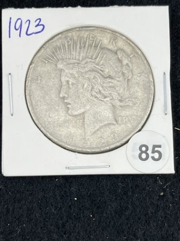 1923 Peace Silver Dollar Coin: KEY WORDS: INDIAN ARTIFACT ARTIFACTS ARROWHEAD ARROWHEADS NATIVE AMERICAN MISSISSIPPIAN QUAPAW CADDO POTTERY COINS MORGAN DOLLAR PEACE DOLLAR SILVER COINS. All coins have been Sigma tested for
