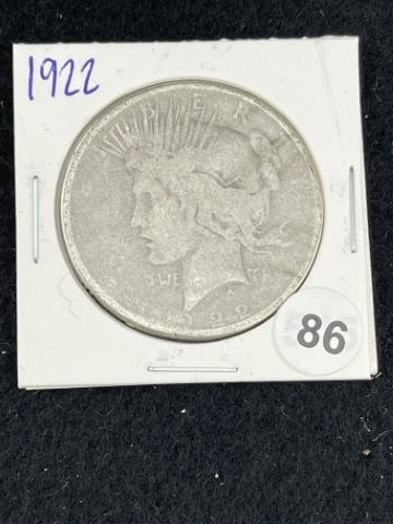 1922 Peace Silver Dollar Coin: KEY WORDS: INDIAN ARTIFACT ARTIFACTS ARROWHEAD ARROWHEADS NATIVE AMERICAN MISSISSIPPIAN QUAPAW CADDO POTTERY COINS MORGAN DOLLAR PEACE DOLLAR SILVER COINS. All coins have been Sigma tested for