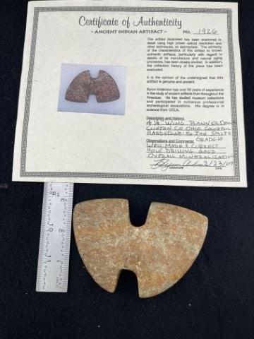 Winged Bannerstone with Byron Anderson COA from Clinton County, Ohio ex - Jan Smith Collection: Winged Bannerstone with Byron Anderson COA from Clinton County, Ohio ex - Jan Smith Collection Indian Artifact Arrowhead