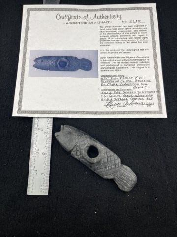 Fish Effigy Pipe with Byron Anderson COA from Jefferson County, Ohio ex - Mark Vanwesson Collection: Fish Effigy Pipe with Byron Anderson COA from Jefferson County, Ohio ex - Mark Vanwesson Collection Indian Artifact Arrowhead