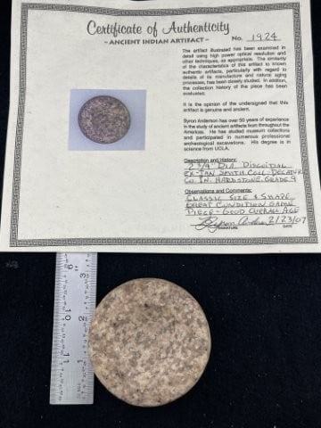 Discoidal with Byron Anderson COA from Decatur County, Indiana ex - Jan Smith Collection Indian (1 of 7)