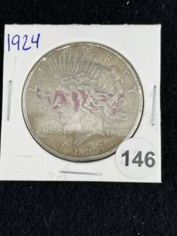 1924 Peace Silver Dollar Coin: KEY WORDS: INDIAN ARTIFACT ARTIFACTS ARROWHEAD ARROWHEADS NATIVE AMERICAN MISSISSIPPIAN QUAPAW CADDO POTTERY COINS MORGAN DOLLAR PEACE DOLLAR SILVER COINS. All coins have been Sigma tested for
