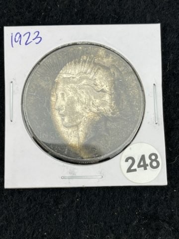 1923 Peace Silver Dollar Coin: KEY WORDS: INDIAN ARTIFACT ARTIFACTS ARROWHEAD ARROWHEADS NATIVE AMERICAN MISSISSIPPIAN QUAPAW CADDO POTTERY COINS MORGAN DOLLAR PEACE DOLLAR SILVER COINS. All coins have been Sigma tested for