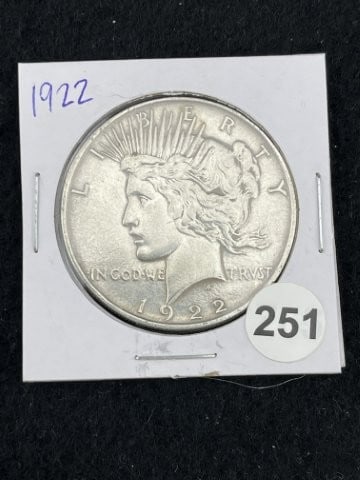 1922 Peace Silver Dollar Coin: KEY WORDS: INDIAN ARTIFACT ARTIFACTS ARROWHEAD ARROWHEADS NATIVE AMERICAN MISSISSIPPIAN QUAPAW CADDO POTTERY COINS MORGAN DOLLAR PEACE DOLLAR SILVER COINS. All coins have been Sigma tested for