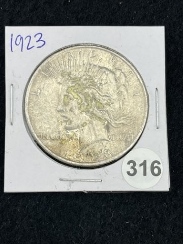1923 Peace Silver Dollar Coin: KEY WORDS: INDIAN ARTIFACT ARTIFACTS ARROWHEAD ARROWHEADS NATIVE AMERICAN MISSISSIPPIAN QUAPAW CADDO POTTERY COINS MORGAN DOLLAR PEACE DOLLAR SILVER COINS. All coins have been Sigma tested for