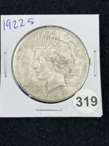 1922 S Peace Silver Dollar Coin: KEY WORDS: INDIAN ARTIFACT ARTIFACTS ARROWHEAD ARROWHEADS NATIVE AMERICAN MISSISSIPPIAN QUAPAW CADDO POTTERY COINS MORGAN DOLLAR PEACE DOLLAR SILVER COINS. All coins have been Sigma tested for authent