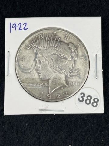 1922 Peace Silver Dollar Coin: KEY WORDS: INDIAN ARTIFACT ARTIFACTS ARROWHEAD ARROWHEADS NATIVE AMERICAN MISSISSIPPIAN QUAPAW CADDO POTTERY COINS MORGAN DOLLAR PEACE DOLLAR SILVER COINS. All coins have been Sigma tested for