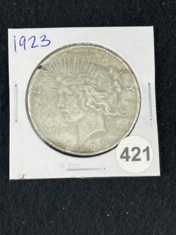 1923 Peace Silver Dollar Coin: KEY WORDS: INDIAN ARTIFACT ARTIFACTS ARROWHEAD ARROWHEADS NATIVE AMERICAN MISSISSIPPIAN QUAPAW CADDO POTTERY COINS MORGAN DOLLAR PEACE DOLLAR SILVER COINS. All coins have been Sigma tested for