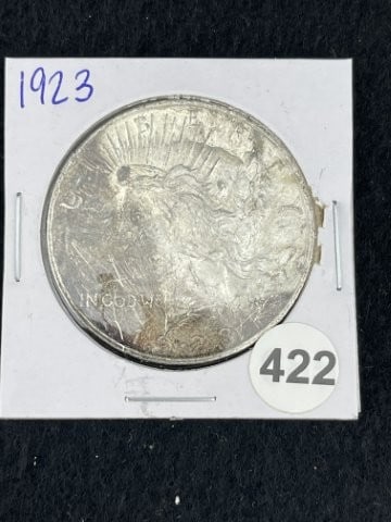 1923 Peace Silver Dollar Coin: KEY WORDS: INDIAN ARTIFACT ARTIFACTS ARROWHEAD ARROWHEADS NATIVE AMERICAN MISSISSIPPIAN QUAPAW CADDO POTTERY COINS MORGAN DOLLAR PEACE DOLLAR SILVER COINS. All coins have been Sigma tested for
