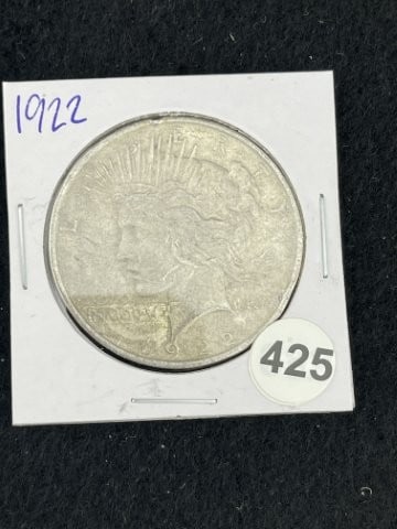 1922 Peace Silver Dollar Coin: KEY WORDS: INDIAN ARTIFACT ARTIFACTS ARROWHEAD ARROWHEADS NATIVE AMERICAN MISSISSIPPIAN QUAPAW CADDO POTTERY COINS MORGAN DOLLAR PEACE DOLLAR SILVER COINS. All coins have been Sigma tested for