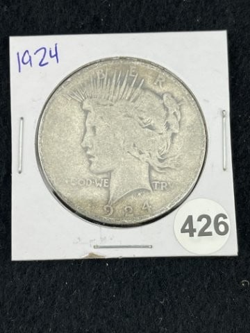 1924 Peace Silver Dollar Coin: KEY WORDS: INDIAN ARTIFACT ARTIFACTS ARROWHEAD ARROWHEADS NATIVE AMERICAN MISSISSIPPIAN QUAPAW CADDO POTTERY COINS MORGAN DOLLAR PEACE DOLLAR SILVER COINS. All coins have been Sigma tested for