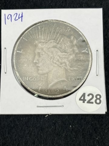 1924 Peace Silver Dollar Coin: KEY WORDS: INDIAN ARTIFACT ARTIFACTS ARROWHEAD ARROWHEADS NATIVE AMERICAN MISSISSIPPIAN QUAPAW CADDO POTTERY COINS MORGAN DOLLAR PEACE DOLLAR SILVER COINS. All coins have been Sigma tested for