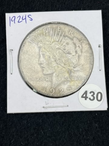 1924 S Peace Silver Dollar Coin: KEY WORDS: INDIAN ARTIFACT ARTIFACTS ARROWHEAD ARROWHEADS NATIVE AMERICAN MISSISSIPPIAN QUAPAW CADDO POTTERY COINS MORGAN DOLLAR PEACE DOLLAR SILVER COINS. All coins have been Sigma tested for