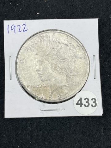1922 Peace Silver Dollar Coin: KEY WORDS: INDIAN ARTIFACT ARTIFACTS ARROWHEAD ARROWHEADS NATIVE AMERICAN MISSISSIPPIAN QUAPAW CADDO POTTERY COINS MORGAN DOLLAR PEACE DOLLAR SILVER COINS. All coins have been Sigma tested for