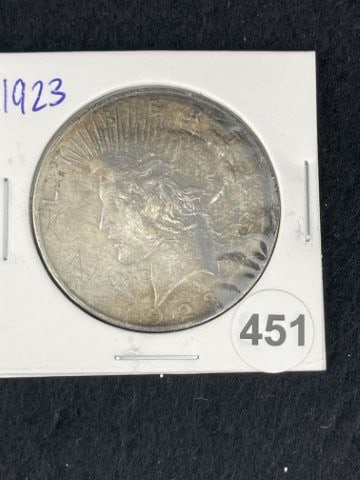 1923 Peace Silver Dollar Coin: KEY WORDS: INDIAN ARTIFACT ARTIFACTS ARROWHEAD ARROWHEADS NATIVE AMERICAN MISSISSIPPIAN QUAPAW CADDO POTTERY COINS MORGAN DOLLAR PEACE DOLLAR SILVER COINS. All coins have been Sigma tested for