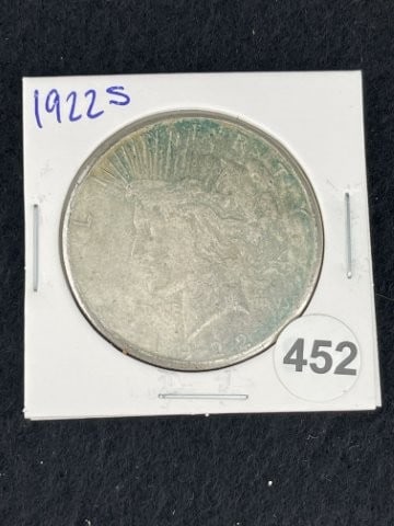 1922 S Peace Silver Dollar Coin: KEY WORDS: INDIAN ARTIFACT ARTIFACTS ARROWHEAD ARROWHEADS NATIVE AMERICAN MISSISSIPPIAN QUAPAW CADDO POTTERY COINS MORGAN DOLLAR PEACE DOLLAR SILVER COINS. All coins have been Sigma tested for