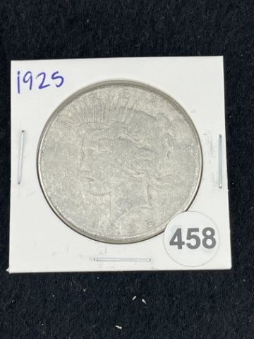 1925 Peace Silver Dollar Coin: KEY WORDS: INDIAN ARTIFACT ARTIFACTS ARROWHEAD ARROWHEADS NATIVE AMERICAN MISSISSIPPIAN QUAPAW CADDO POTTERY COINS MORGAN DOLLAR PEACE DOLLAR SILVER COINS. All coins have been Sigma tested for