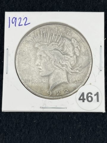 1922 Peace Silver Dollar Coin: KEY WORDS: INDIAN ARTIFACT ARTIFACTS ARROWHEAD ARROWHEADS NATIVE AMERICAN MISSISSIPPIAN QUAPAW CADDO POTTERY COINS MORGAN DOLLAR PEACE DOLLAR SILVER COINS. All coins have been Sigma tested for