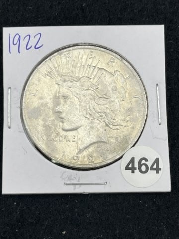 1922 Peace Silver Dollar Coin: KEY WORDS: INDIAN ARTIFACT ARTIFACTS ARROWHEAD ARROWHEADS NATIVE AMERICAN MISSISSIPPIAN QUAPAW CADDO POTTERY COINS MORGAN DOLLAR PEACE DOLLAR SILVER COINS. All coins have been Sigma tested for