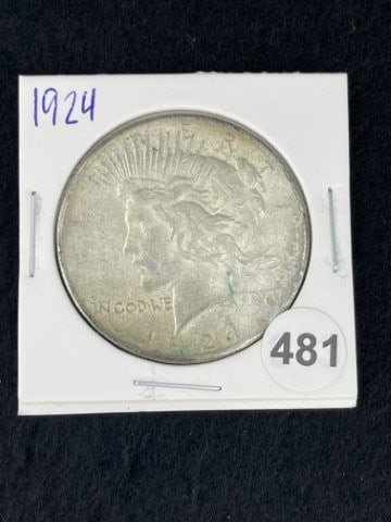 1924 Peace Silver Dollar Coin: KEY WORDS: INDIAN ARTIFACT ARTIFACTS ARROWHEAD ARROWHEADS NATIVE AMERICAN MISSISSIPPIAN QUAPAW CADDO POTTERY COINS MORGAN DOLLAR PEACE DOLLAR SILVER COINS. All coins have been Sigma tested for
