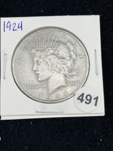 1924 Peace Silver Dollar Coin: KEY WORDS: INDIAN ARTIFACT ARTIFACTS ARROWHEAD ARROWHEADS NATIVE AMERICAN MISSISSIPPIAN QUAPAW CADDO POTTERY COINS MORGAN DOLLAR PEACE DOLLAR SILVER COINS. All coins have been Sigma tested for