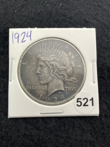 1924 Peace Silver Dollar Coin: KEY WORDS: INDIAN ARTIFACT ARTIFACTS ARROWHEAD ARROWHEADS NATIVE AMERICAN MISSISSIPPIAN QUAPAW CADDO POTTERY COINS MORGAN DOLLAR PEACE DOLLAR SILVER COINS. All coins have been Sigma tested for
