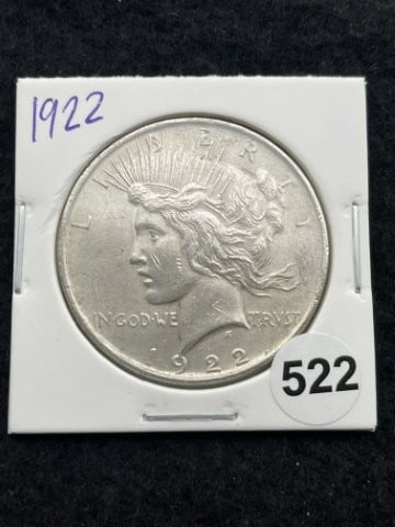1922 Peace Silver Dollar Coin: KEY WORDS: INDIAN ARTIFACT ARTIFACTS ARROWHEAD ARROWHEADS NATIVE AMERICAN MISSISSIPPIAN QUAPAW CADDO POTTERY COINS MORGAN DOLLAR PEACE DOLLAR SILVER COINS. All coins have been Sigma tested for