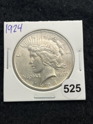 1924 Peace Silver Dollar Coin: KEY WORDS: INDIAN ARTIFACT ARTIFACTS ARROWHEAD ARROWHEADS NATIVE AMERICAN MISSISSIPPIAN QUAPAW CADDO POTTERY COINS MORGAN DOLLAR PEACE DOLLAR SILVER COINS. All coins have been Sigma tested for