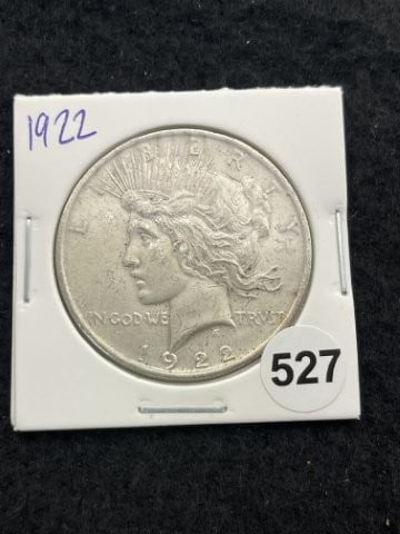 1922 Peace Silver Dollar Coin: KEY WORDS: INDIAN ARTIFACT ARTIFACTS ARROWHEAD ARROWHEADS NATIVE AMERICAN MISSISSIPPIAN QUAPAW CADDO POTTERY COINS MORGAN DOLLAR PEACE DOLLAR SILVER COINS. All coins have been Sigma tested for