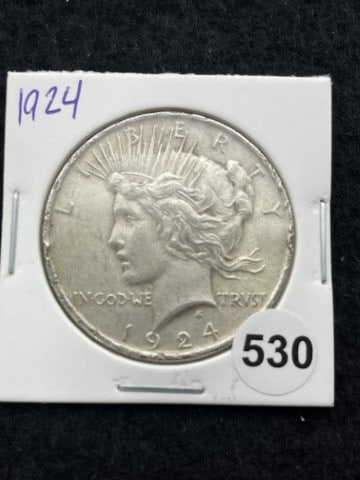 1924 Peace Silver Dollar Coin: KEY WORDS: INDIAN ARTIFACT ARTIFACTS ARROWHEAD ARROWHEADS NATIVE AMERICAN MISSISSIPPIAN QUAPAW CADDO POTTERY COINS MORGAN DOLLAR PEACE DOLLAR SILVER COINS. All coins have been Sigma tested for