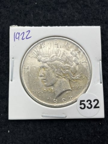 1922 Peace Silver Dollar Coin: KEY WORDS: INDIAN ARTIFACT ARTIFACTS ARROWHEAD ARROWHEADS NATIVE AMERICAN MISSISSIPPIAN QUAPAW CADDO POTTERY COINS MORGAN DOLLAR PEACE DOLLAR SILVER COINS. All coins have been Sigma tested for