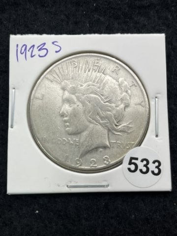 1923 S Peace Silver Dollar Coin: KEY WORDS: INDIAN ARTIFACT ARTIFACTS ARROWHEAD ARROWHEADS NATIVE AMERICAN MISSISSIPPIAN QUAPAW CADDO POTTERY COINS MORGAN DOLLAR PEACE DOLLAR SILVER COINS. All coins have been Sigma tested for