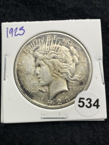 1923 Peace Silver Dollar Coin: KEY WORDS: INDIAN ARTIFACT ARTIFACTS ARROWHEAD ARROWHEADS NATIVE AMERICAN MISSISSIPPIAN QUAPAW CADDO POTTERY COINS MORGAN DOLLAR PEACE DOLLAR SILVER COINS. All coins have been Sigma tested for