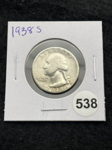 1938 S Washington Quarter Silver Coin: KEY WORDS: INDIAN ARTIFACT ARTIFACTS ARROWHEAD ARROWHEADS NATIVE AMERICAN MISSISSIPPIAN QUAPAW CADDO POTTERY COINS MORGAN DOLLAR PEACE DOLLAR SILVER COINS. All coins have been Sigma tested for