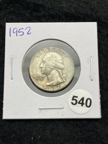 1952 Washington Quarter Silver Coin: KEY WORDS: INDIAN ARTIFACT ARTIFACTS ARROWHEAD ARROWHEADS NATIVE AMERICAN MISSISSIPPIAN QUAPAW CADDO POTTERY COINS MORGAN DOLLAR PEACE DOLLAR SILVER COINS. All coins have been Sigma tested for authent