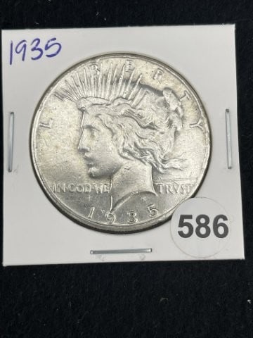 1935 Peace Silver Dollar Coin: KEY WORDS: INDIAN ARTIFACT ARTIFACTS ARROWHEAD ARROWHEADS NATIVE AMERICAN MISSISSIPPIAN QUAPAW CADDO POTTERY COINS MORGAN DOLLAR PEACE DOLLAR SILVER COINS. All coins have been Sigma tested for